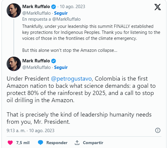 Ruffalo decidió pronunciarse a través de sus redes sociales sobre lo pactado en la cumbre y mostró su apoyo por la labor ambiental que realizan los presidentes de Brasil y Colombia.