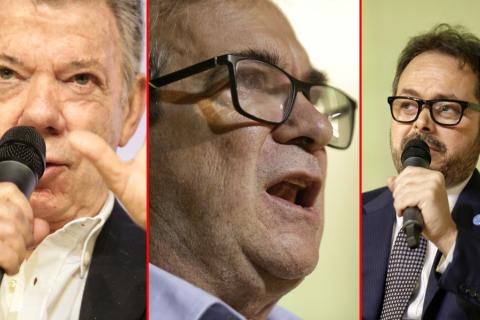 Juan Manuel Santos, Rodrigo Londoño y Carlos Ruiz.